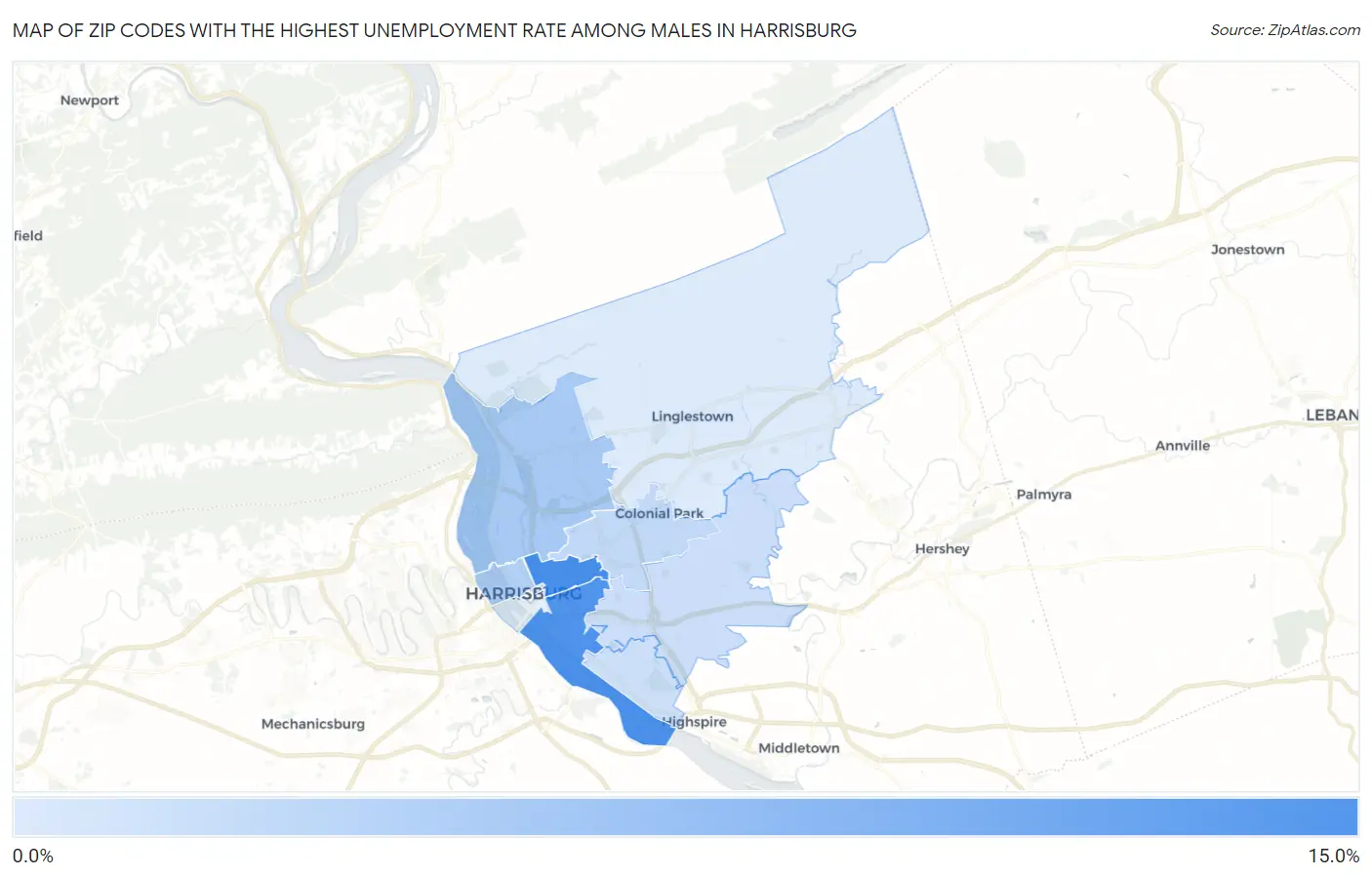 Zip Codes with the Highest Unemployment Rate Among Males in Harrisburg Map