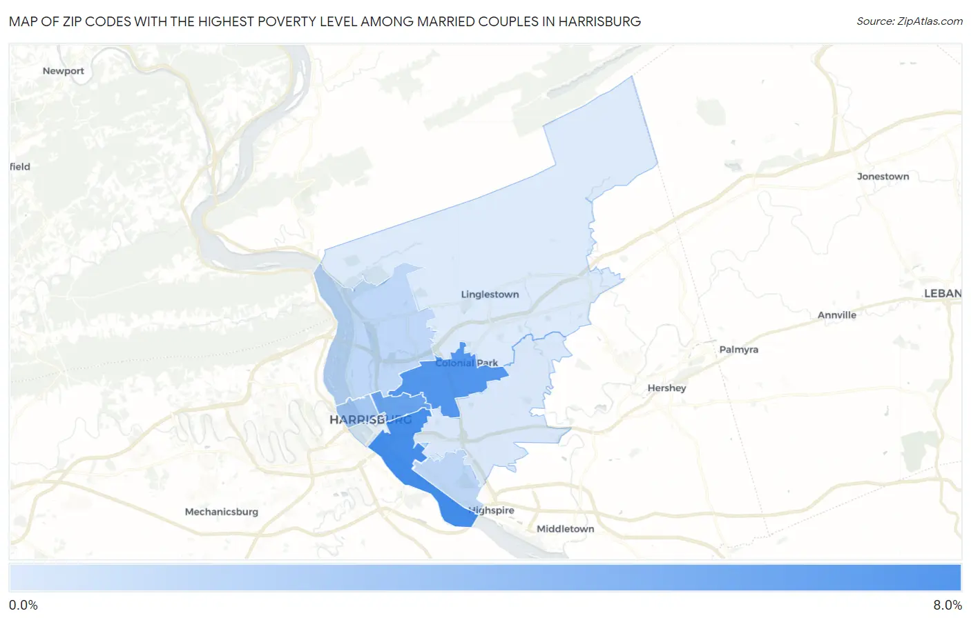 Zip Codes with the Highest Poverty Level Among Married Couples in Harrisburg Map
