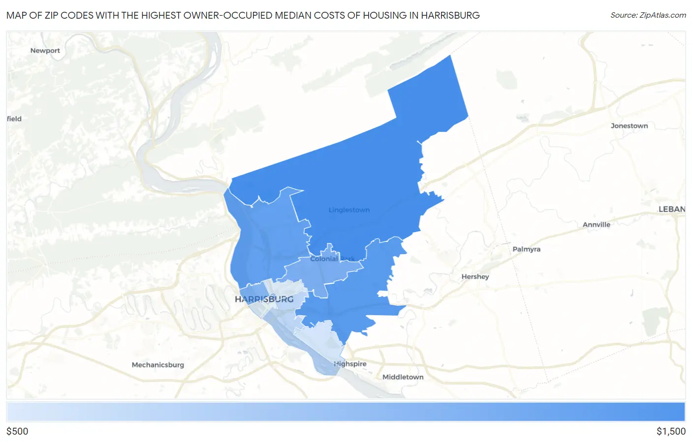 Zip Codes with the Highest Owner-Occupied Median Costs of Housing in Harrisburg Map