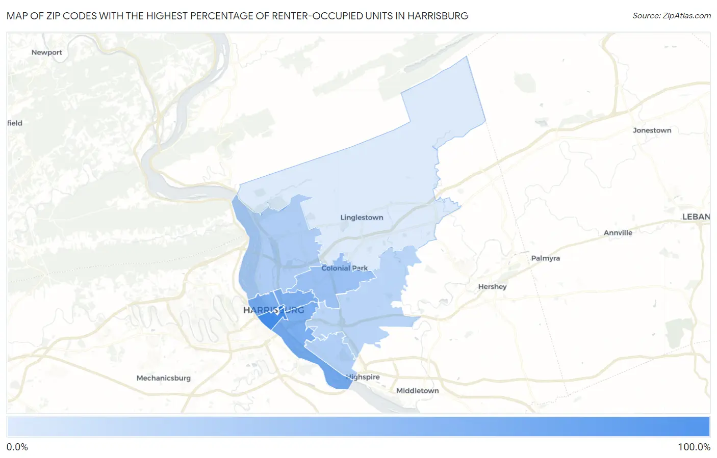 Zip Codes with the Highest Percentage of Renter-Occupied Units in Harrisburg Map