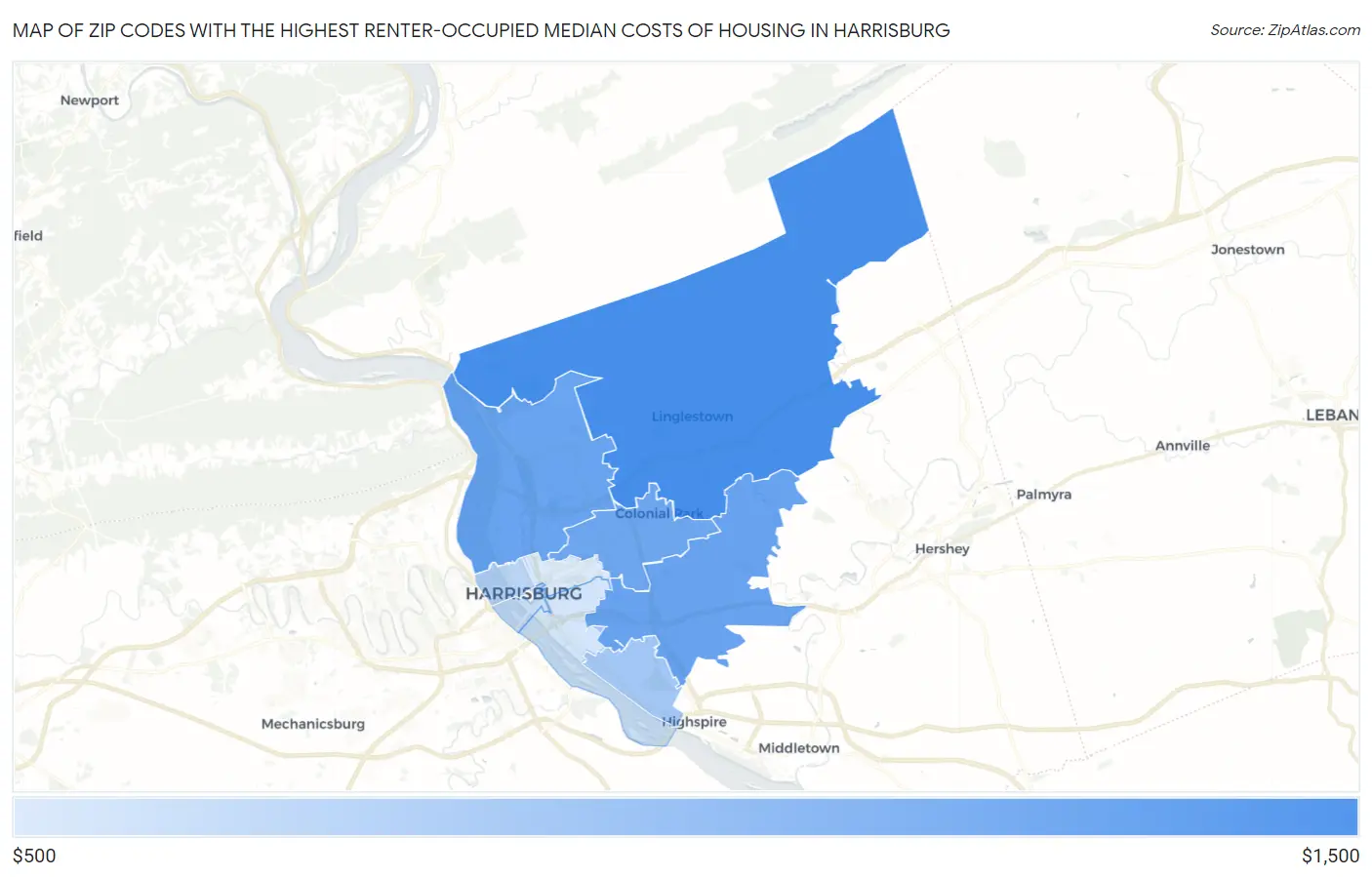 Zip Codes with the Highest Renter-Occupied Median Costs of Housing in Harrisburg Map