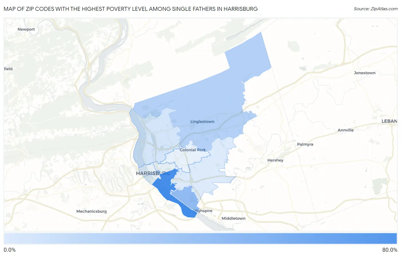 Zip Codes with the Highest Poverty Level Among Single Fathers in Harrisburg Map