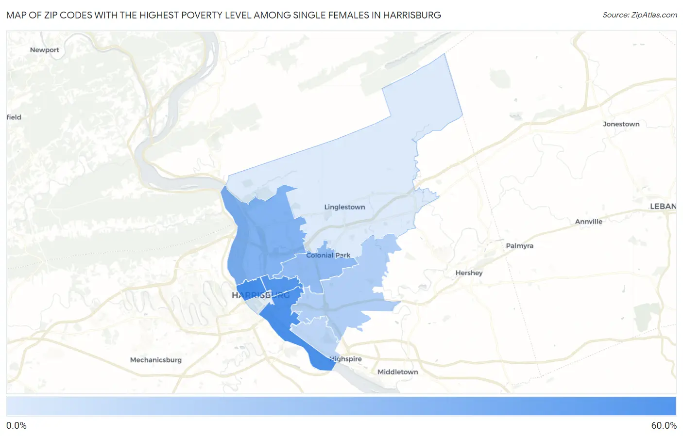Zip Codes with the Highest Poverty Level Among Single Females in Harrisburg Map