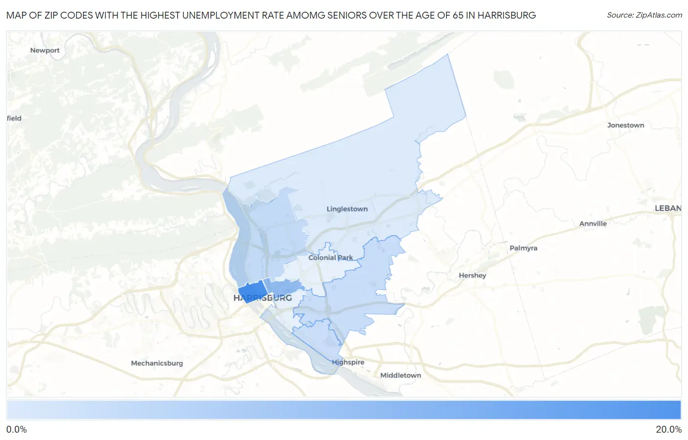 Zip Codes with the Highest Unemployment Rate Amomg Seniors Over the Age of 65 in Harrisburg Map