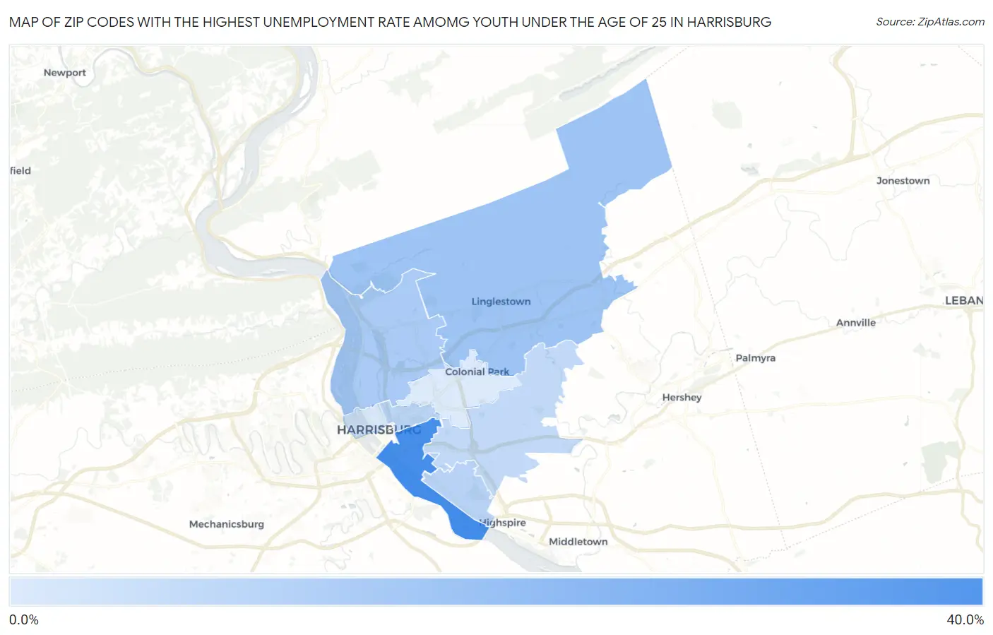 Zip Codes with the Highest Unemployment Rate Amomg Youth Under the Age of 25 in Harrisburg Map