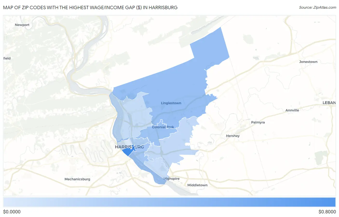 Zip Codes with the Highest Wage/Income Gap ($) in Harrisburg Map