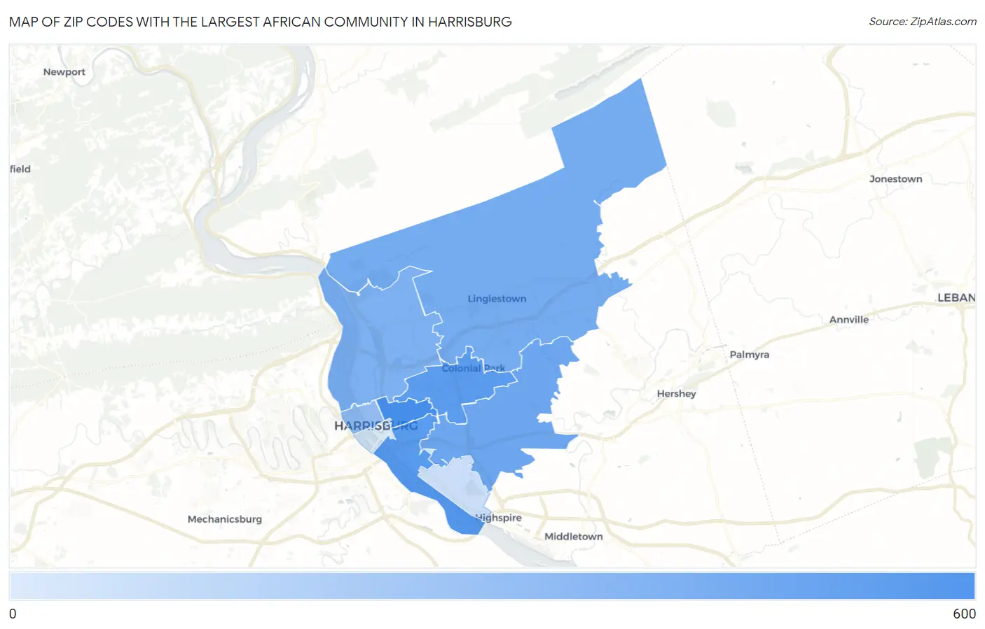 Zip Codes with the Largest African Community in Harrisburg Map