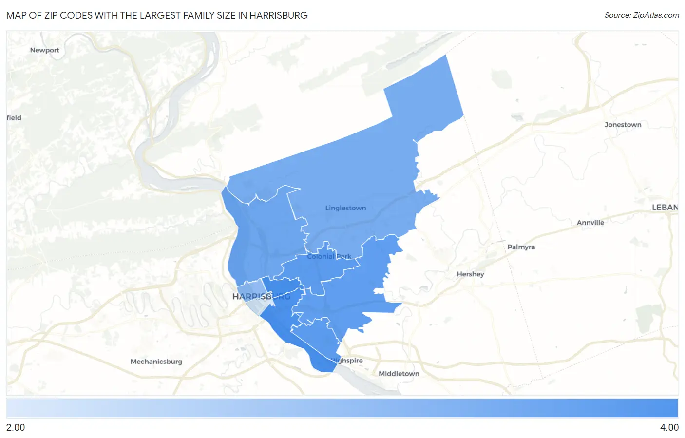 Zip Codes with the Largest Family Size in Harrisburg Map