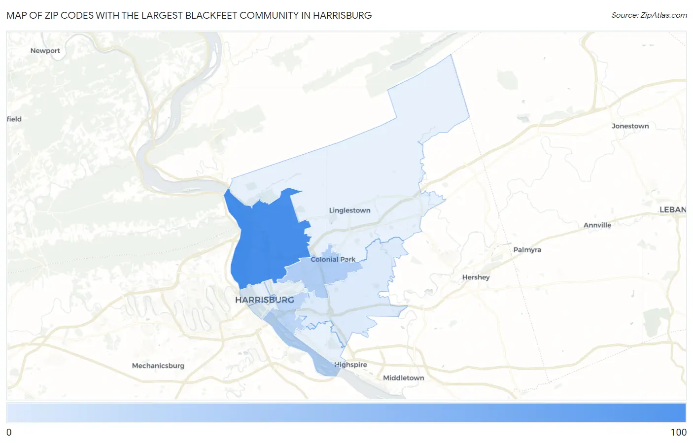 Zip Codes with the Largest Blackfeet Community in Harrisburg Map