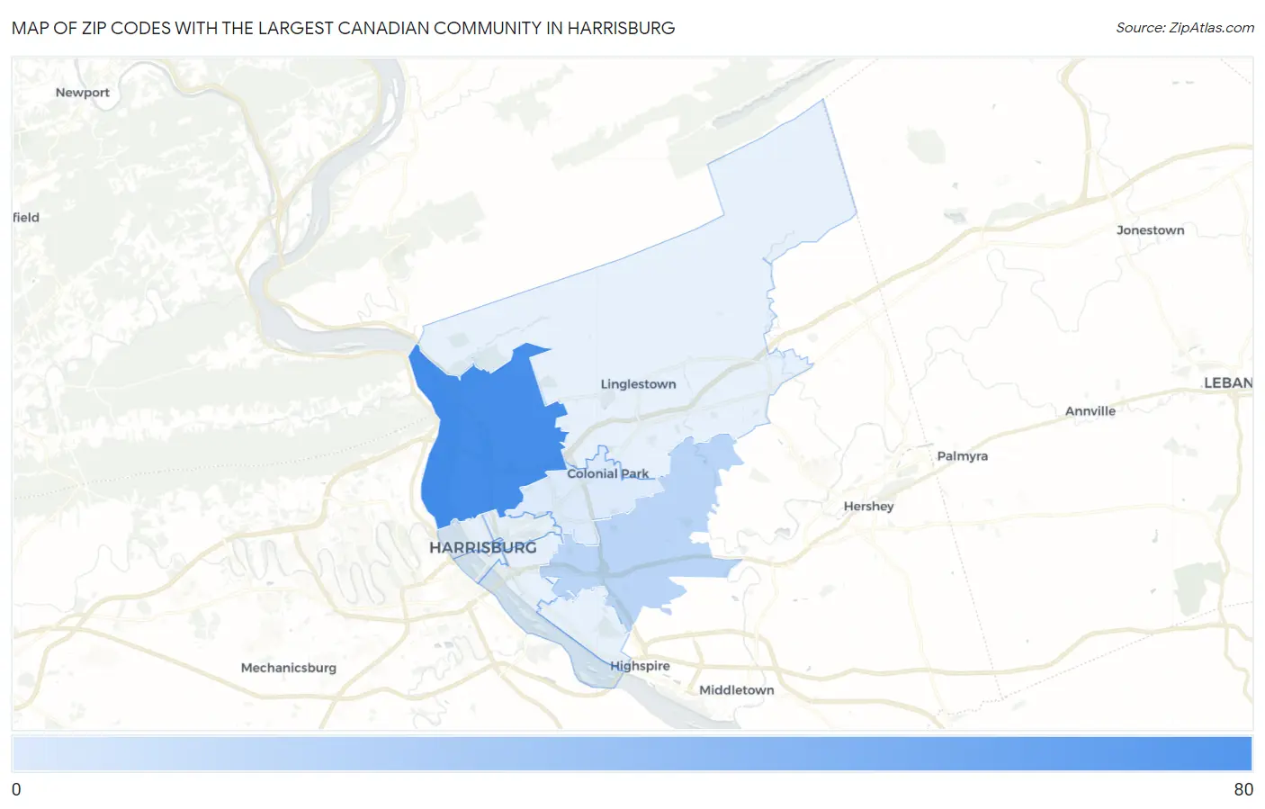 Zip Codes with the Largest Canadian Community in Harrisburg Map
