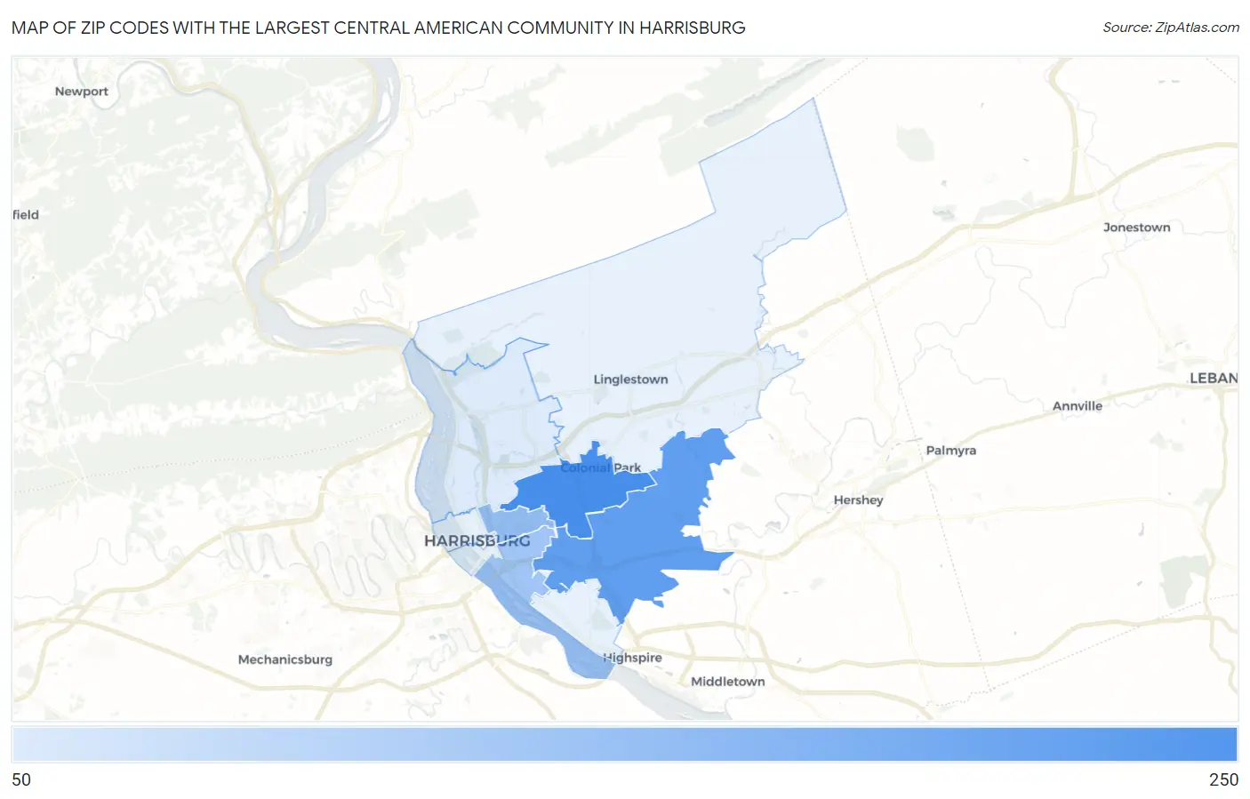 Zip Codes with the Largest Central American Community in Harrisburg Map