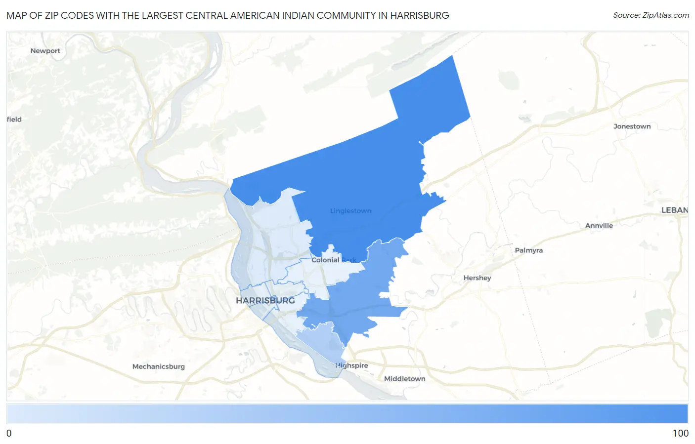 Zip Codes with the Largest Central American Indian Community in Harrisburg Map