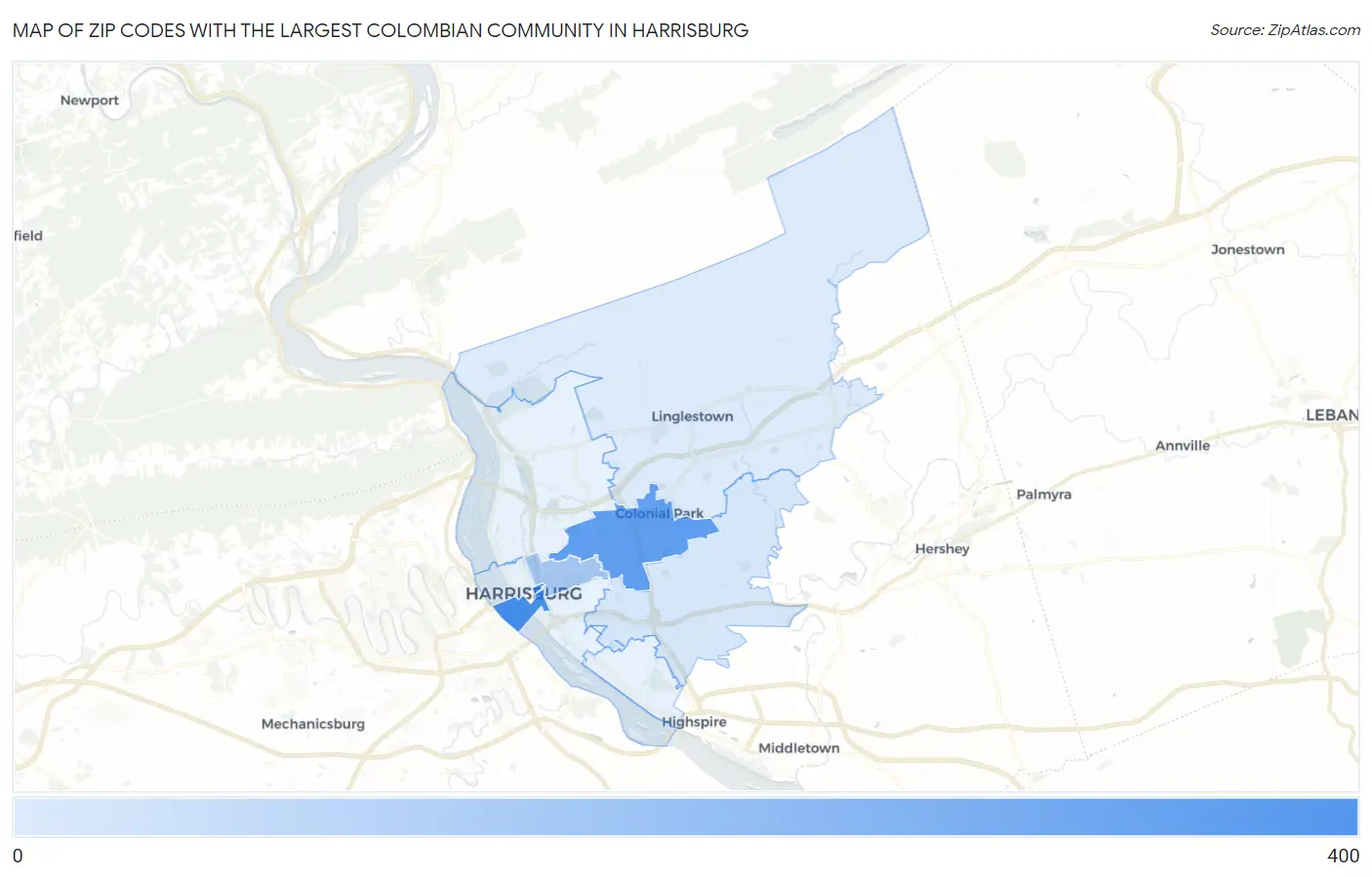 Zip Codes with the Largest Colombian Community in Harrisburg Map
