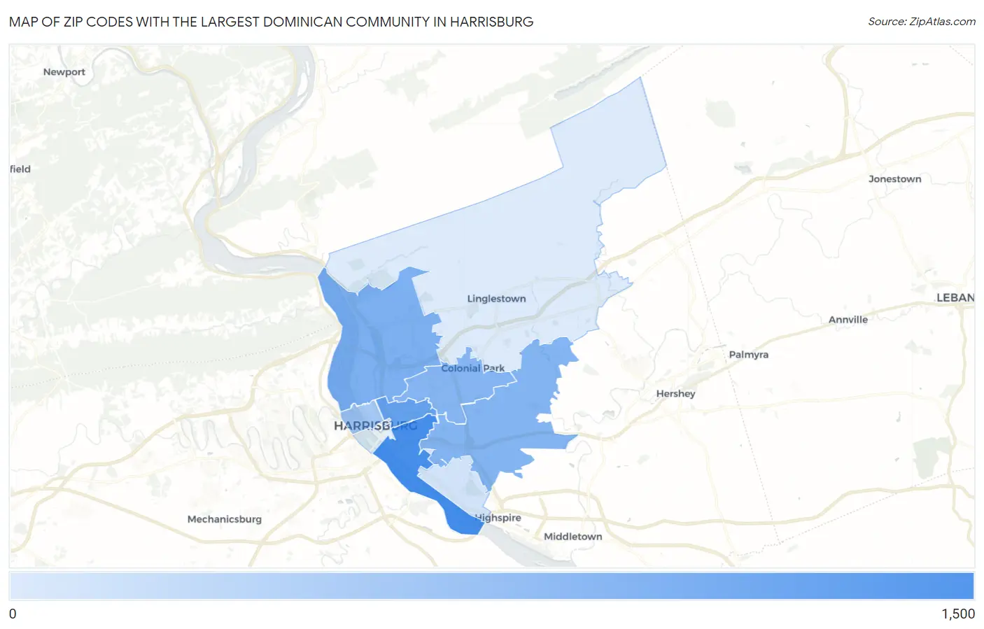 Zip Codes with the Largest Dominican Community in Harrisburg Map