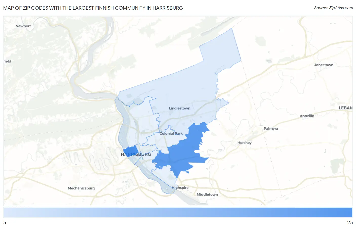Zip Codes with the Largest Finnish Community in Harrisburg Map
