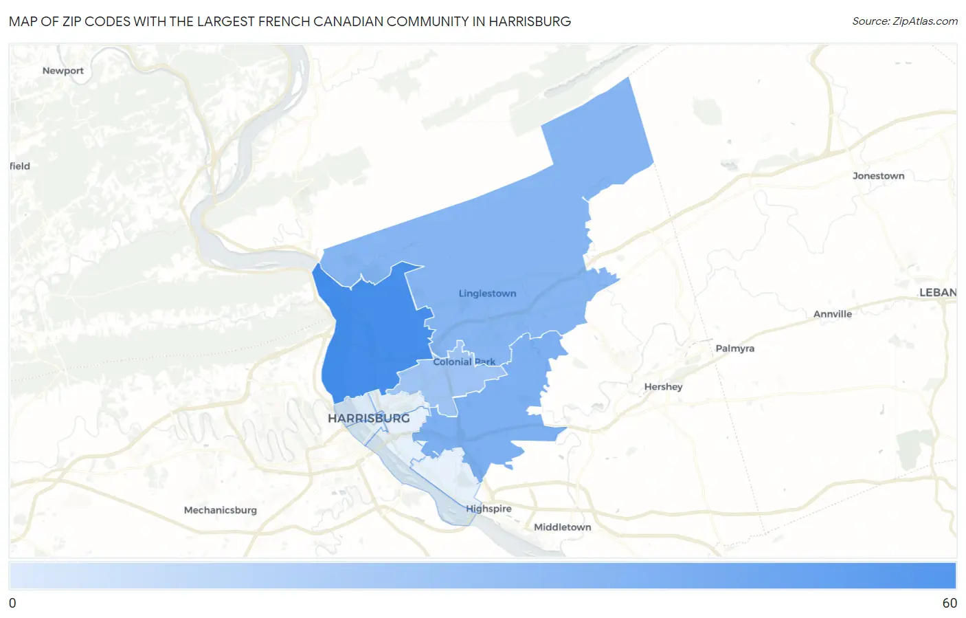 Zip Codes with the Largest French Canadian Community in Harrisburg Map