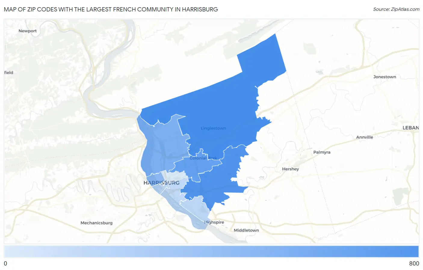 Zip Codes with the Largest French Community in Harrisburg Map