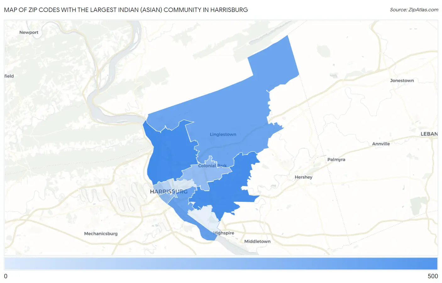 Zip Codes with the Largest Indian (Asian) Community in Harrisburg Map