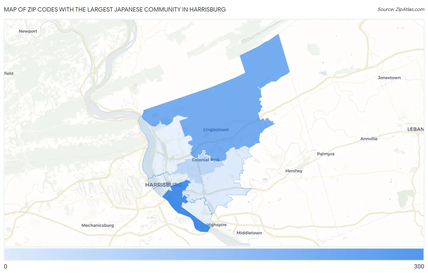Zip Codes with the Largest Japanese Community in Harrisburg Map
