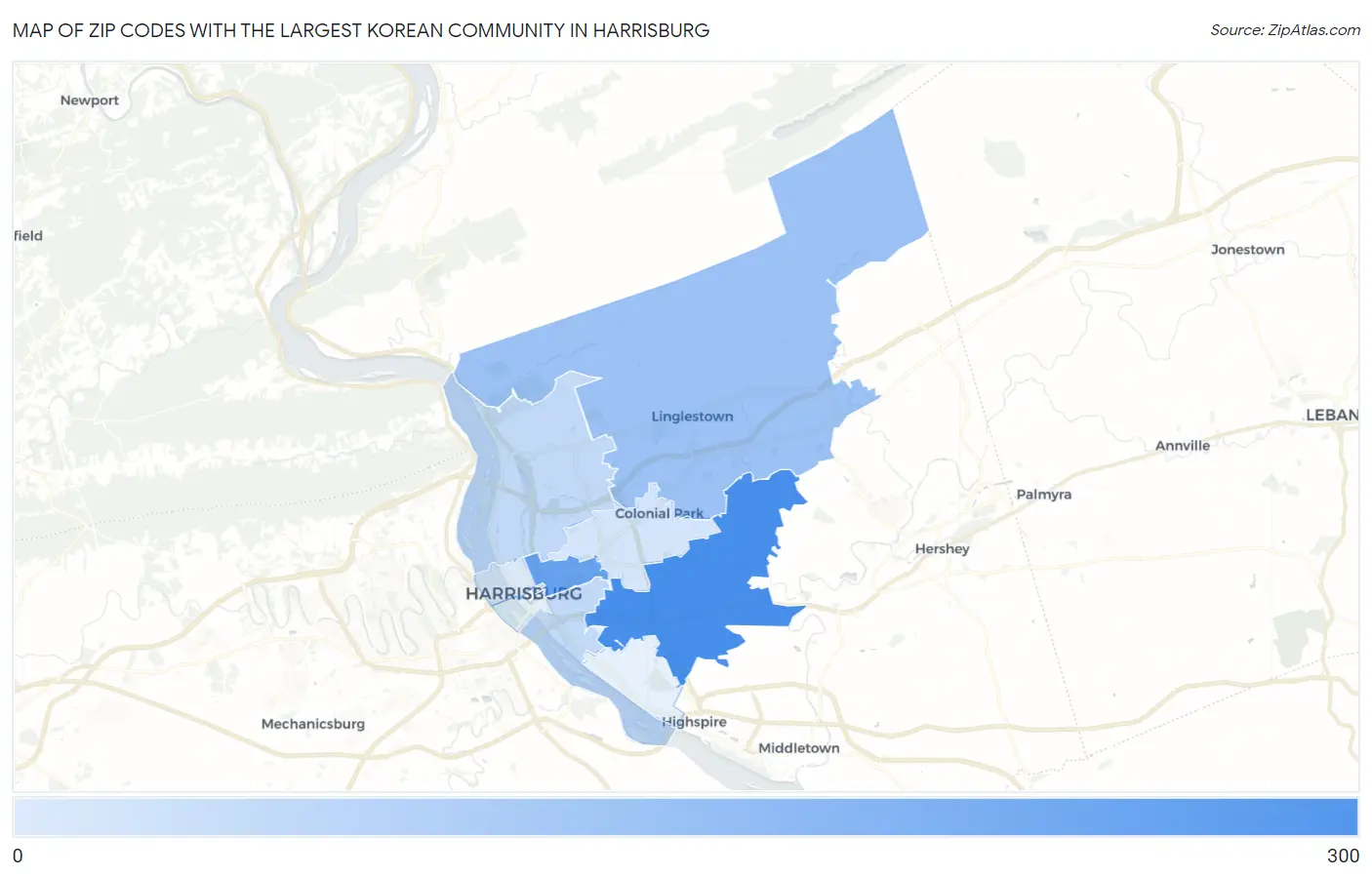 Zip Codes with the Largest Korean Community in Harrisburg Map