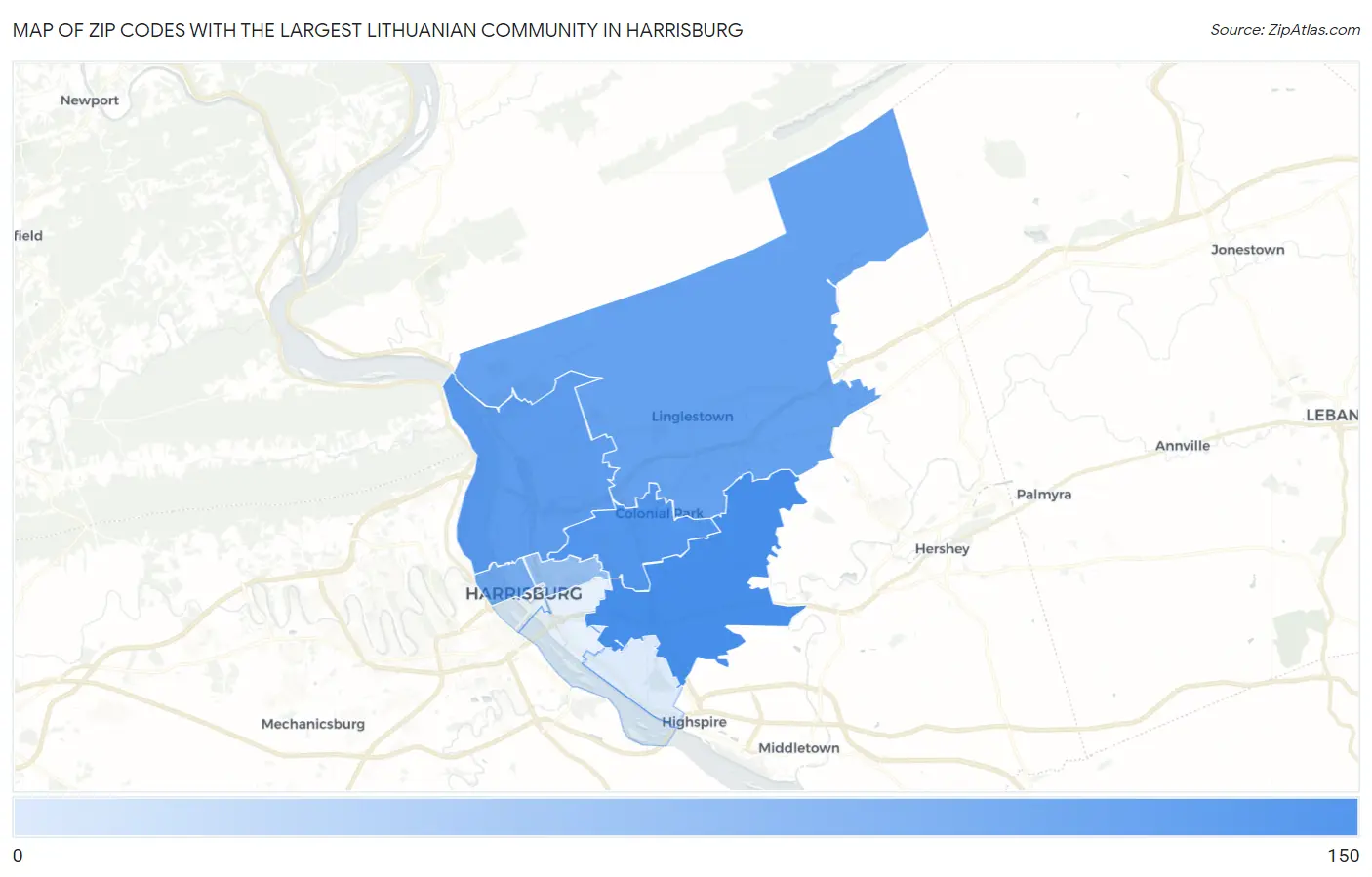Zip Codes with the Largest Lithuanian Community in Harrisburg Map