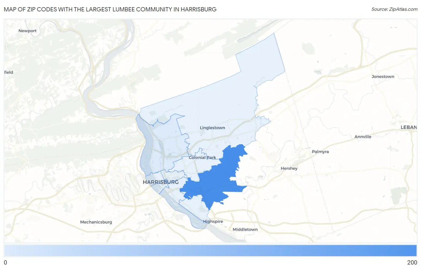 Zip Codes with the Largest Lumbee Community in Harrisburg Map
