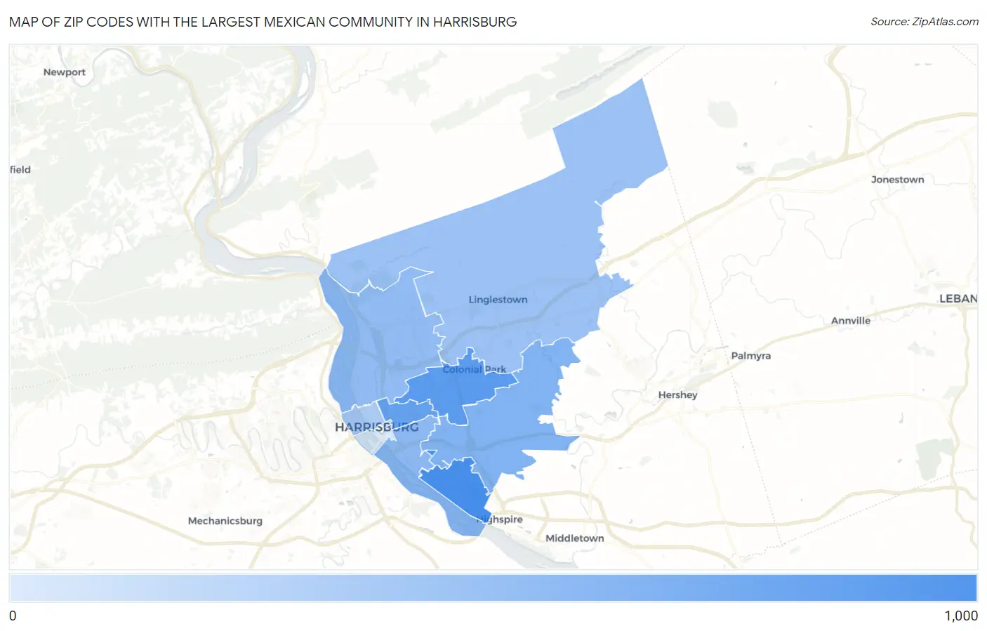 Zip Codes with the Largest Mexican Community in Harrisburg Map