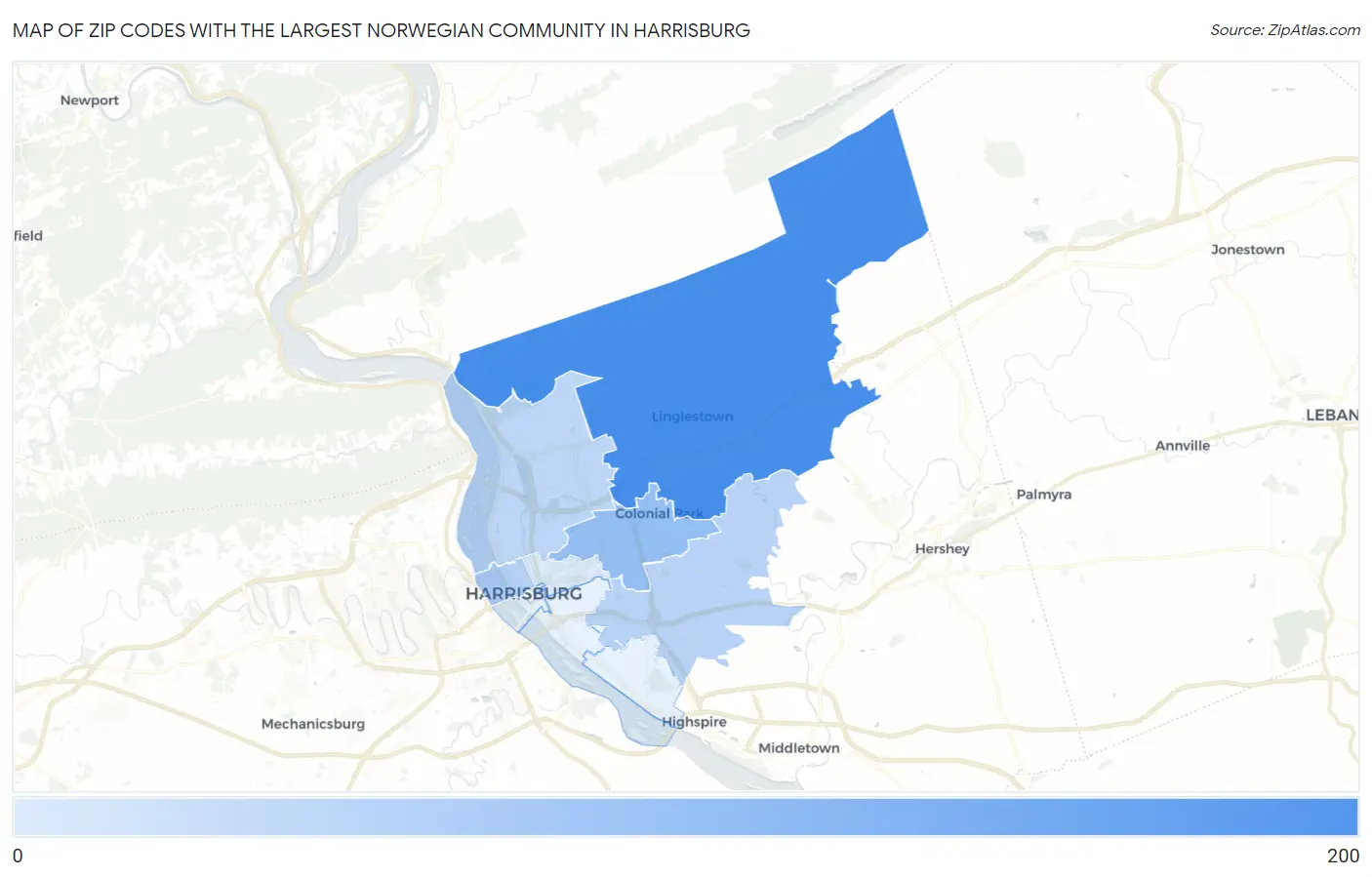 Zip Codes with the Largest Norwegian Community in Harrisburg Map