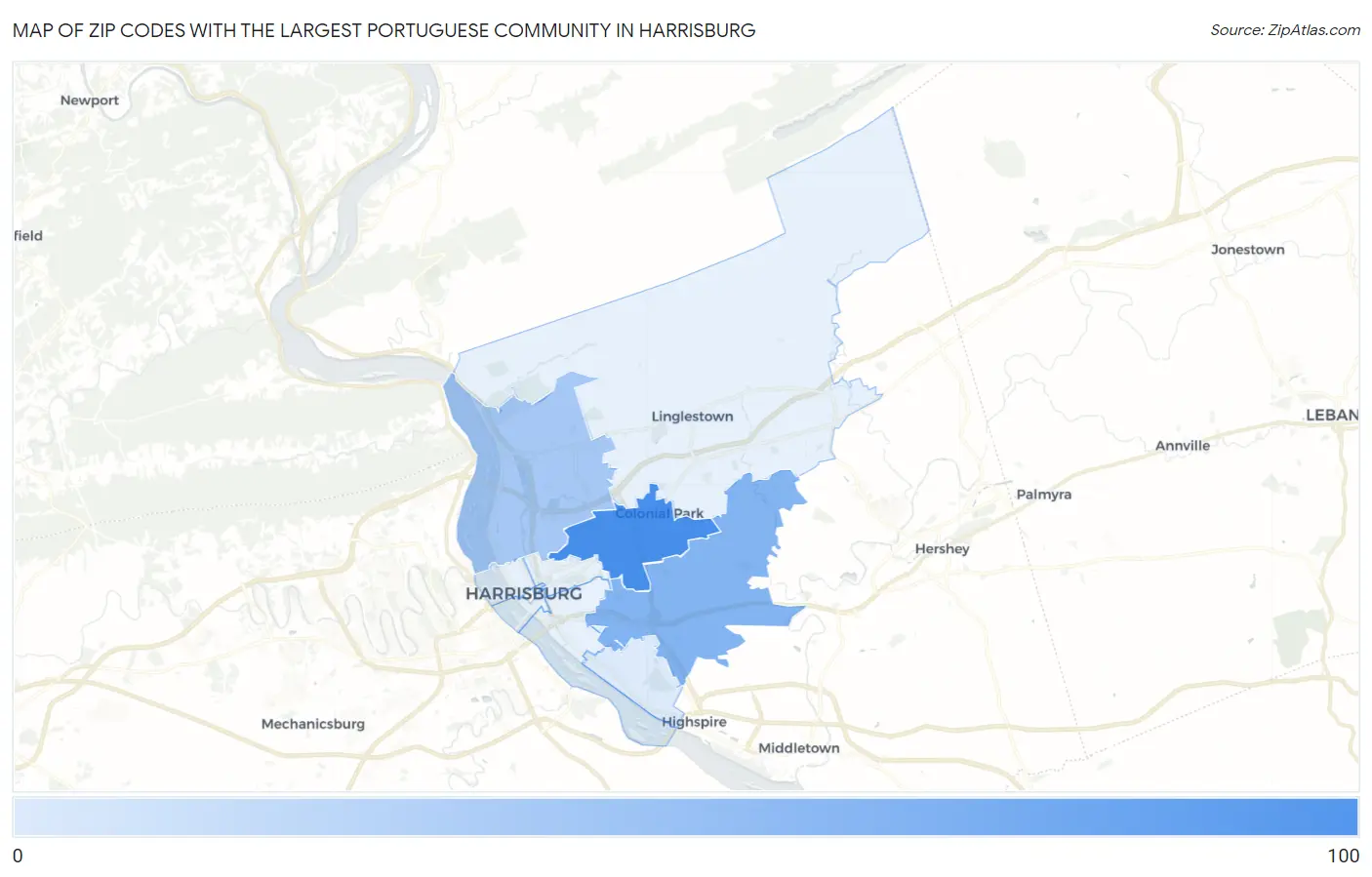 Zip Codes with the Largest Portuguese Community in Harrisburg Map