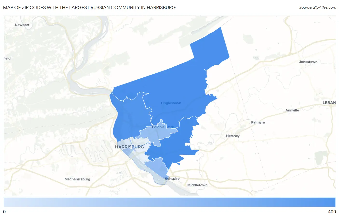 Zip Codes with the Largest Russian Community in Harrisburg Map