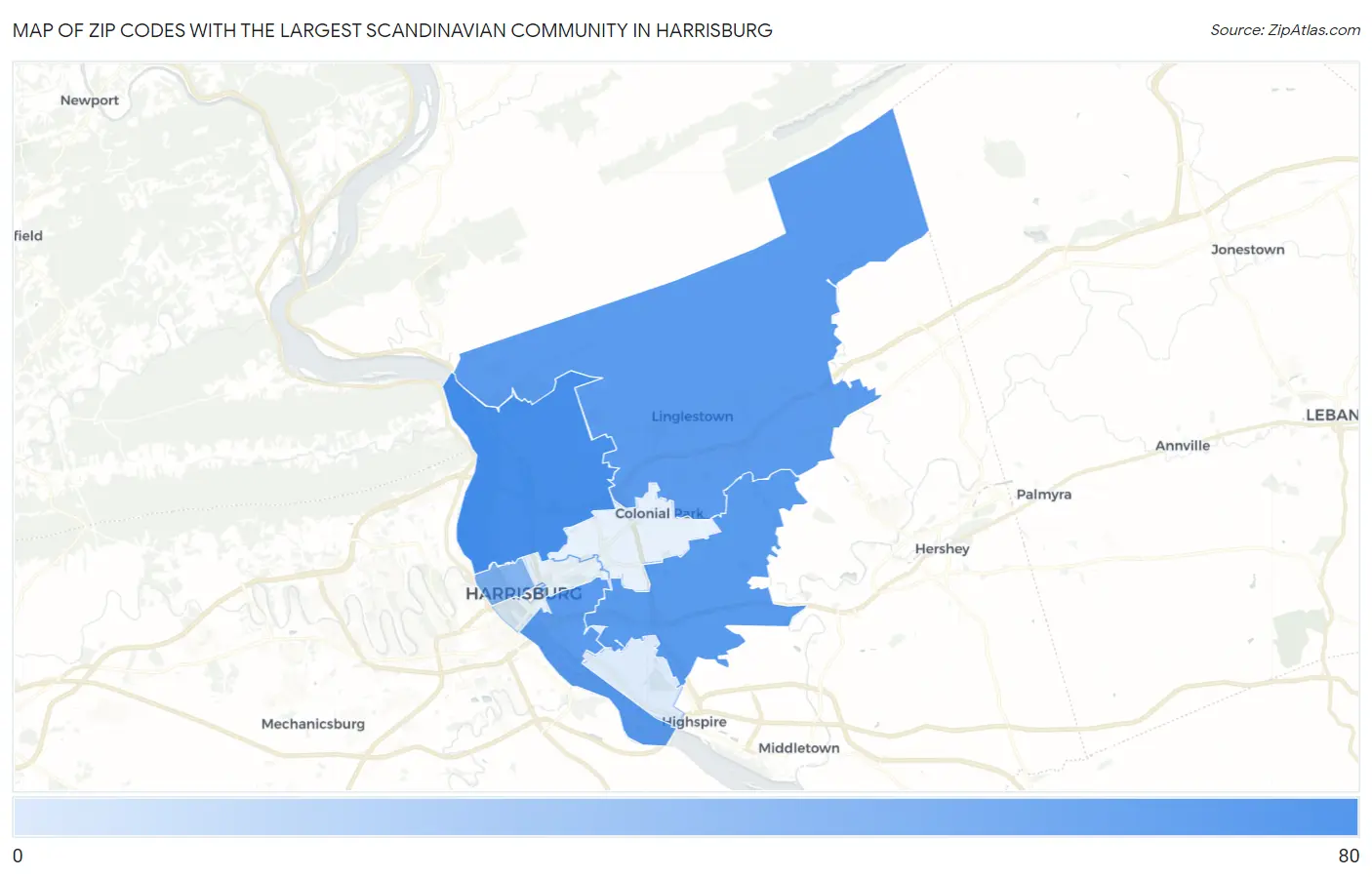 Zip Codes with the Largest Scandinavian Community in Harrisburg Map