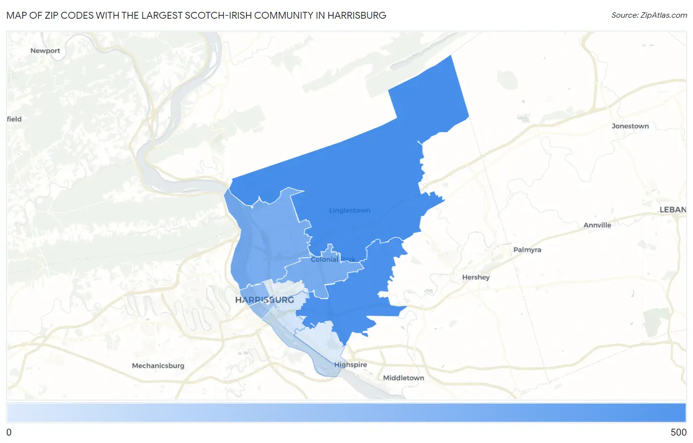 Zip Codes with the Largest Scotch-Irish Community in Harrisburg Map