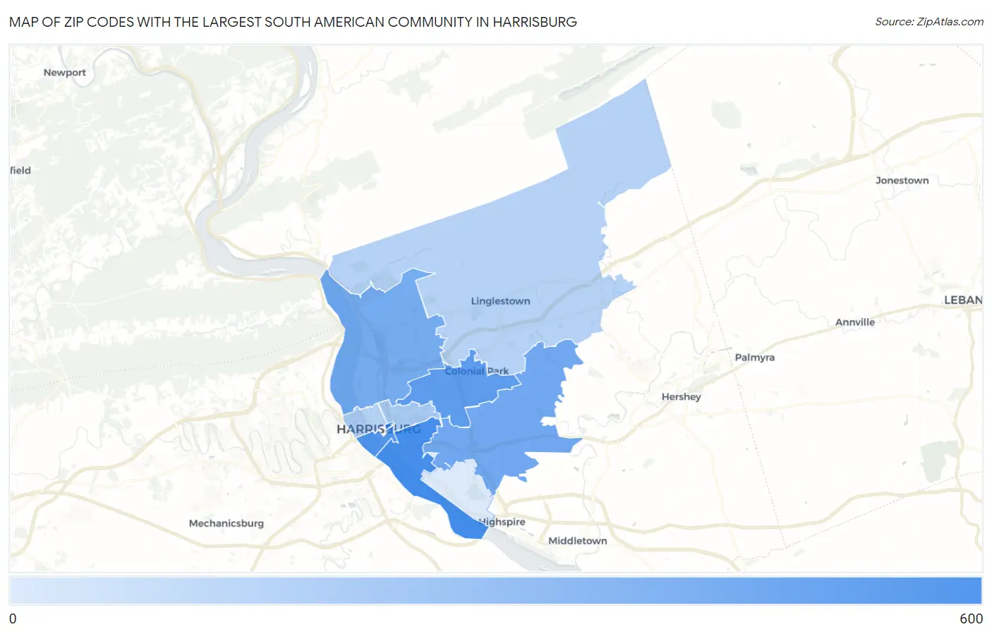 Zip Codes with the Largest South American Community in Harrisburg Map