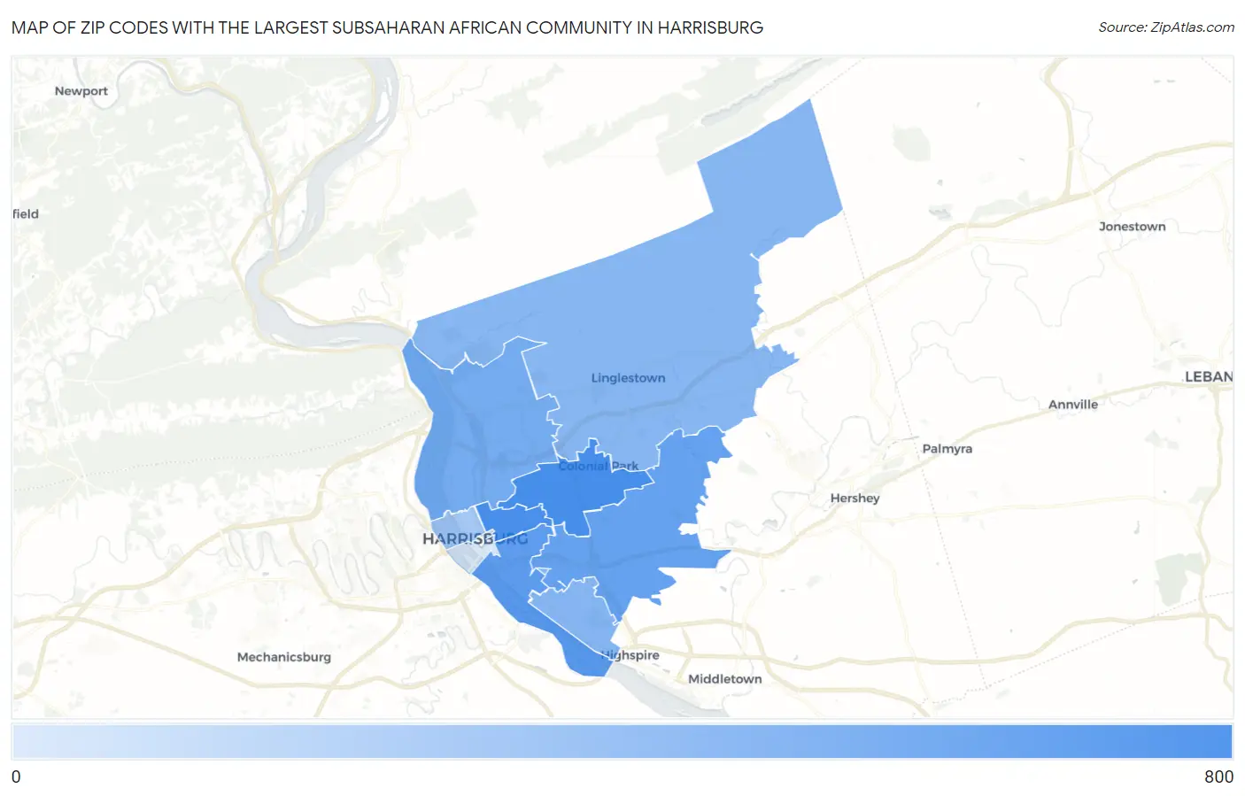 Zip Codes with the Largest Subsaharan African Community in Harrisburg Map
