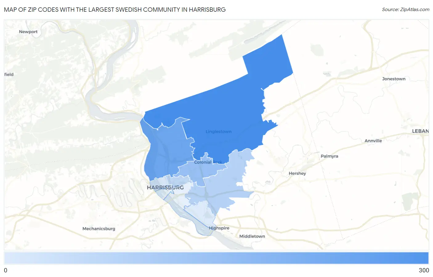 Zip Codes with the Largest Swedish Community in Harrisburg Map