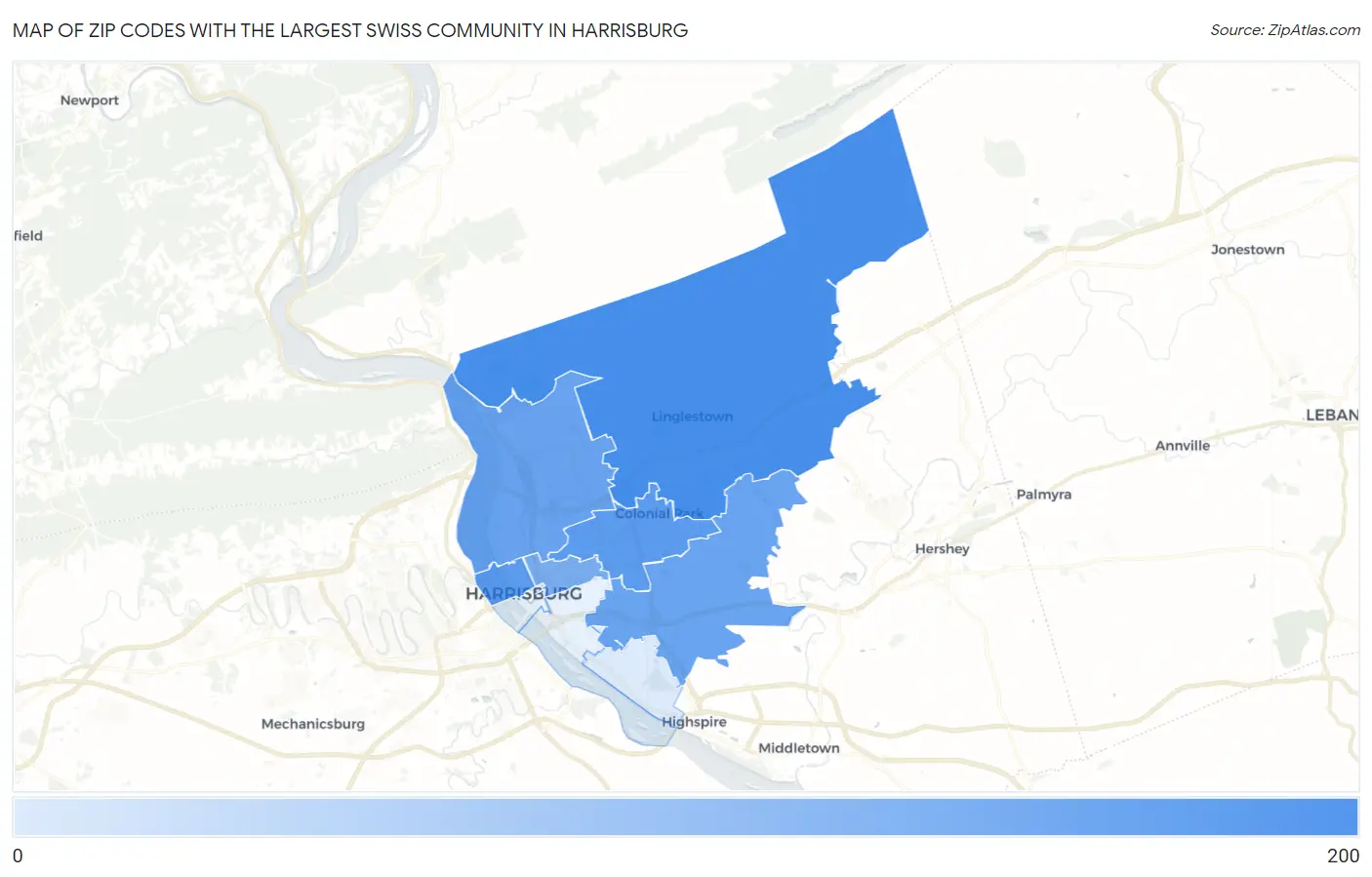 Zip Codes with the Largest Swiss Community in Harrisburg Map