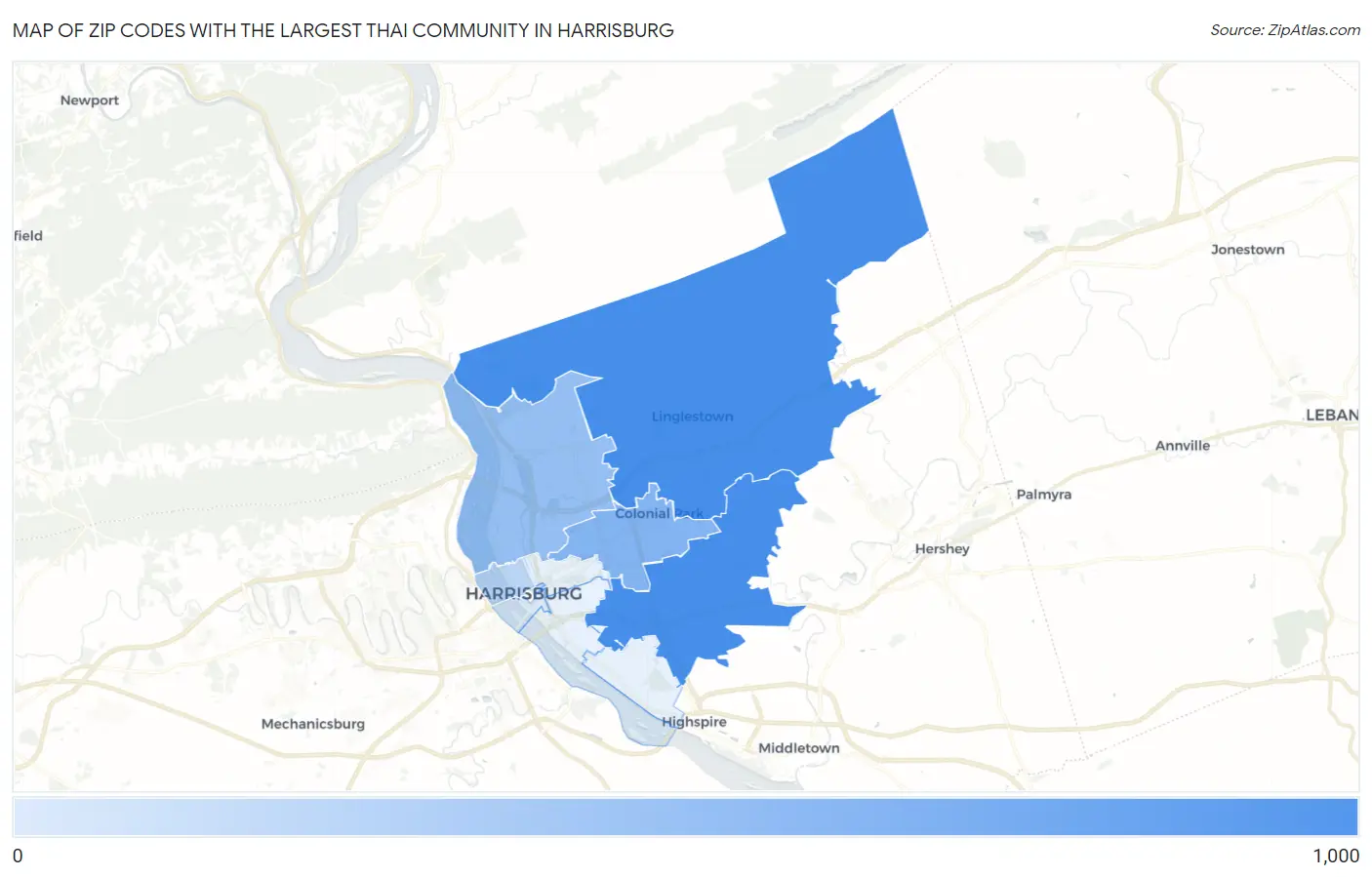 Zip Codes with the Largest Thai Community in Harrisburg Map