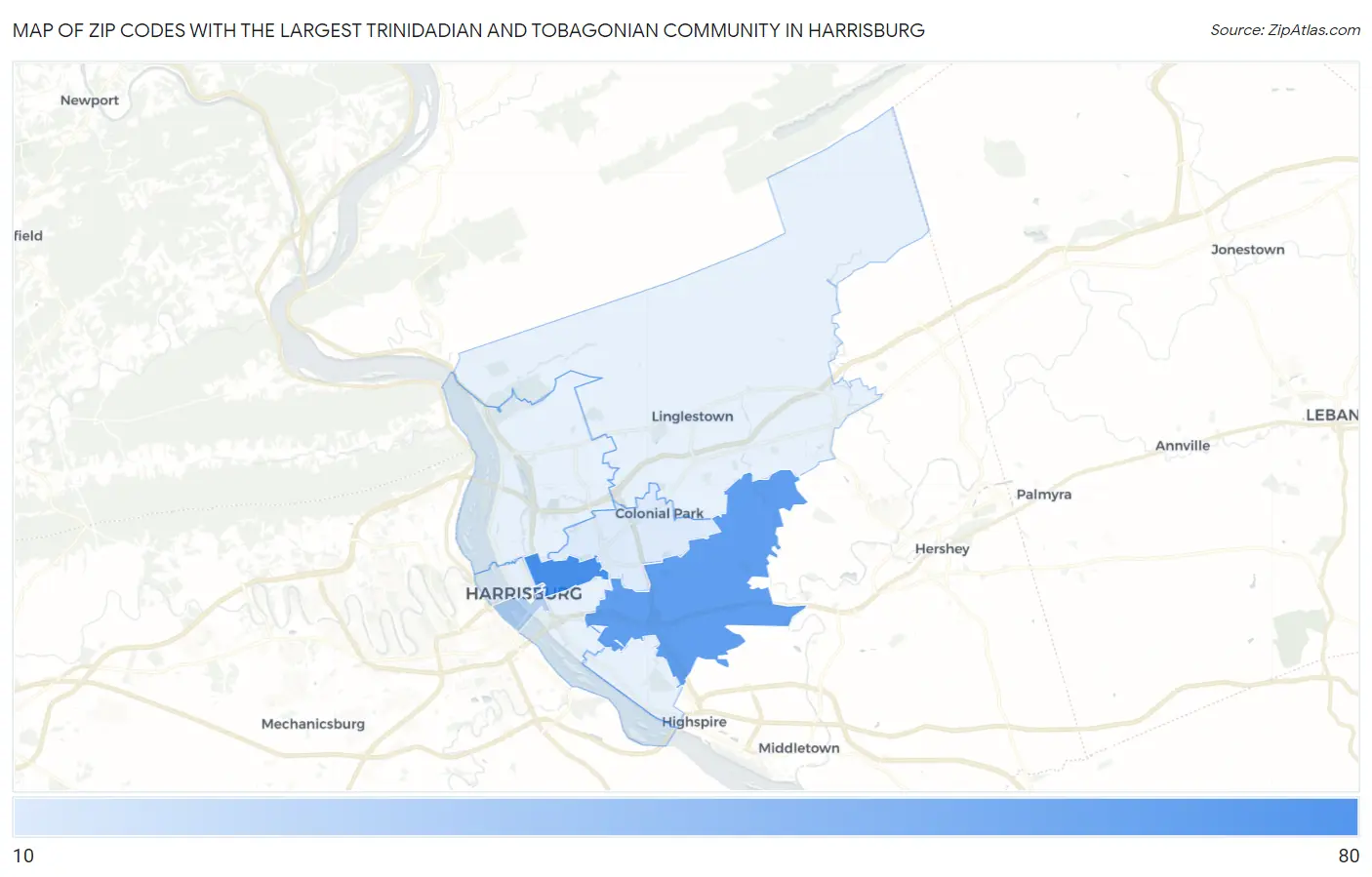 Zip Codes with the Largest Trinidadian and Tobagonian Community in Harrisburg Map