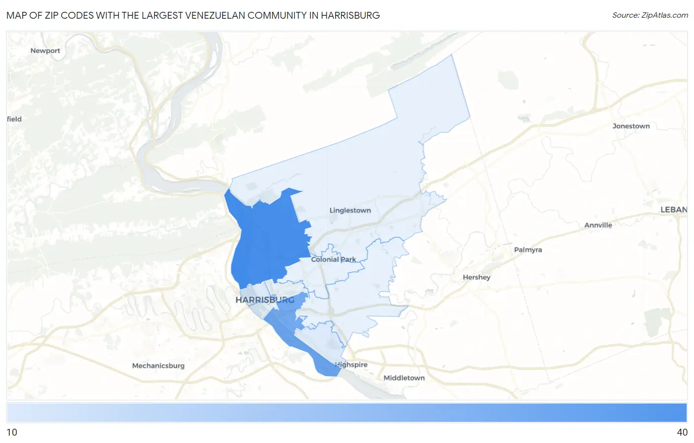 Zip Codes with the Largest Venezuelan Community in Harrisburg Map
