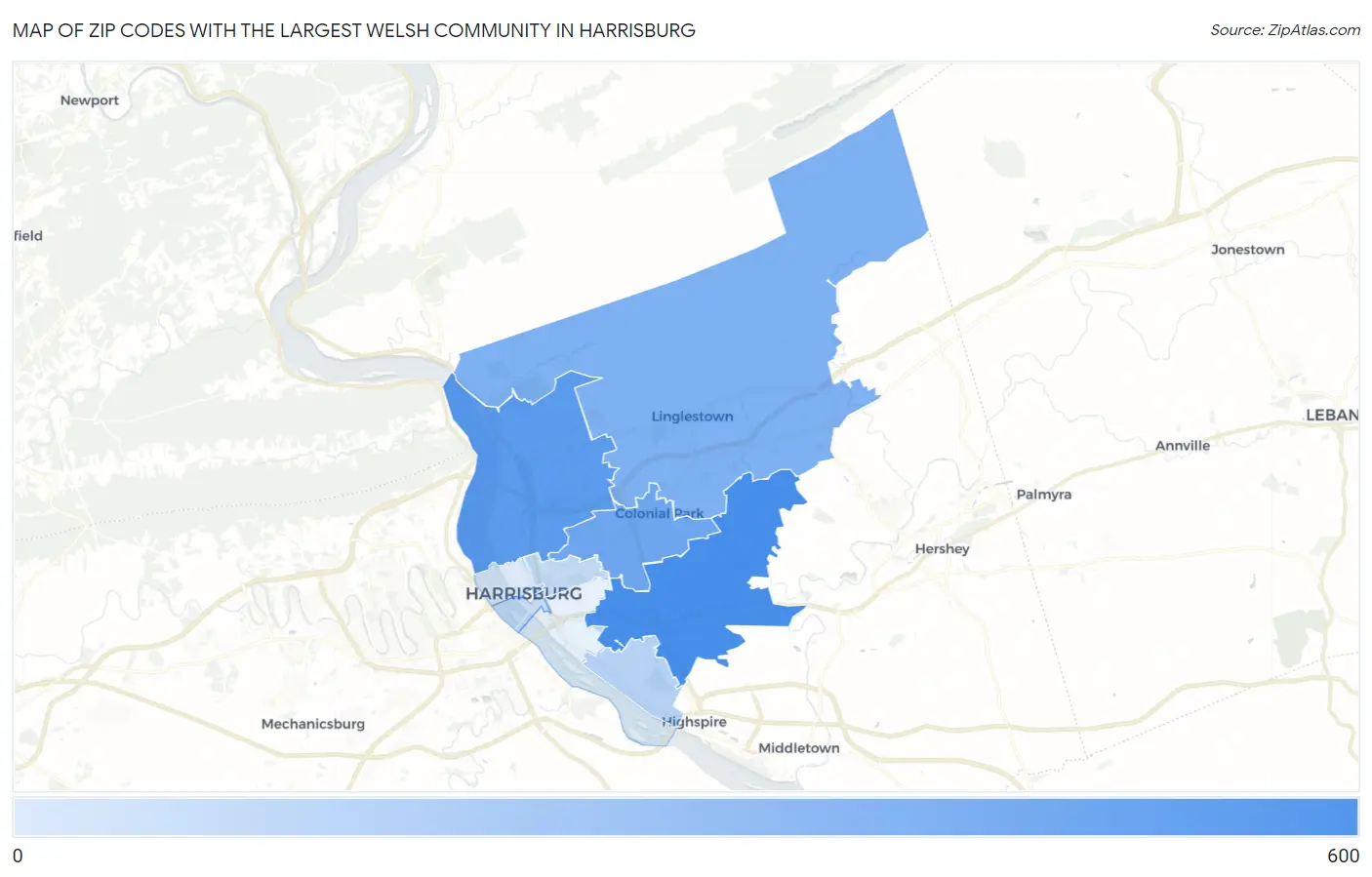Zip Codes with the Largest Welsh Community in Harrisburg Map