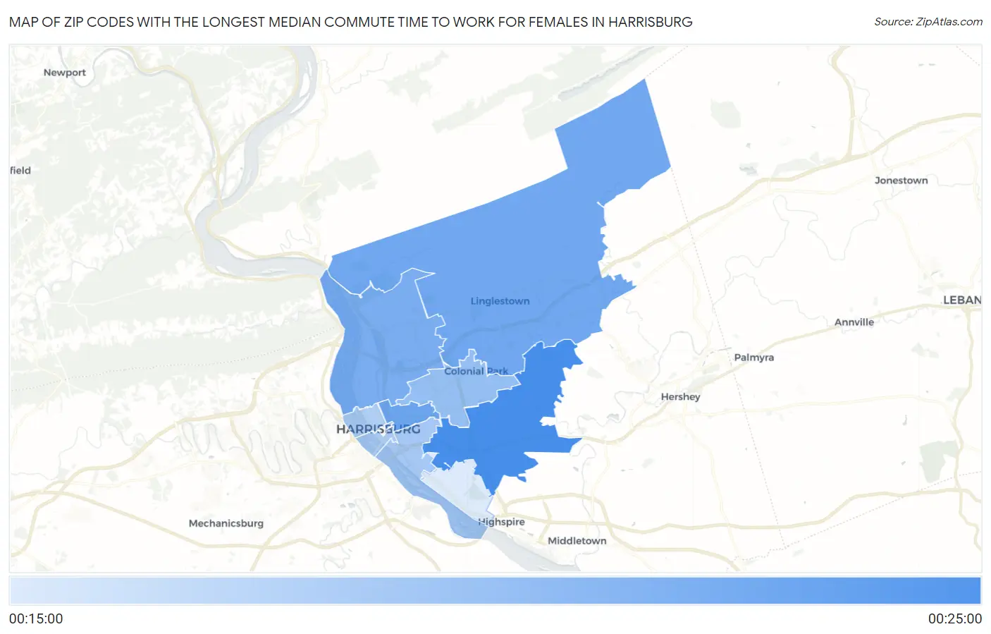 Zip Codes with the Longest Median Commute Time to Work for Females in Harrisburg Map