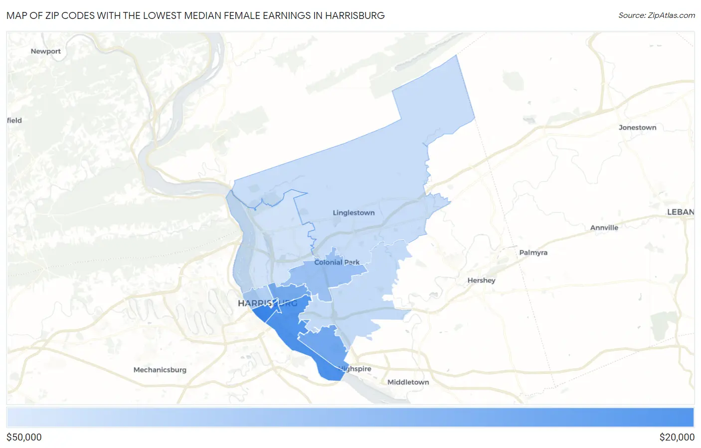 Zip Codes with the Lowest Median Female Earnings in Harrisburg Map
