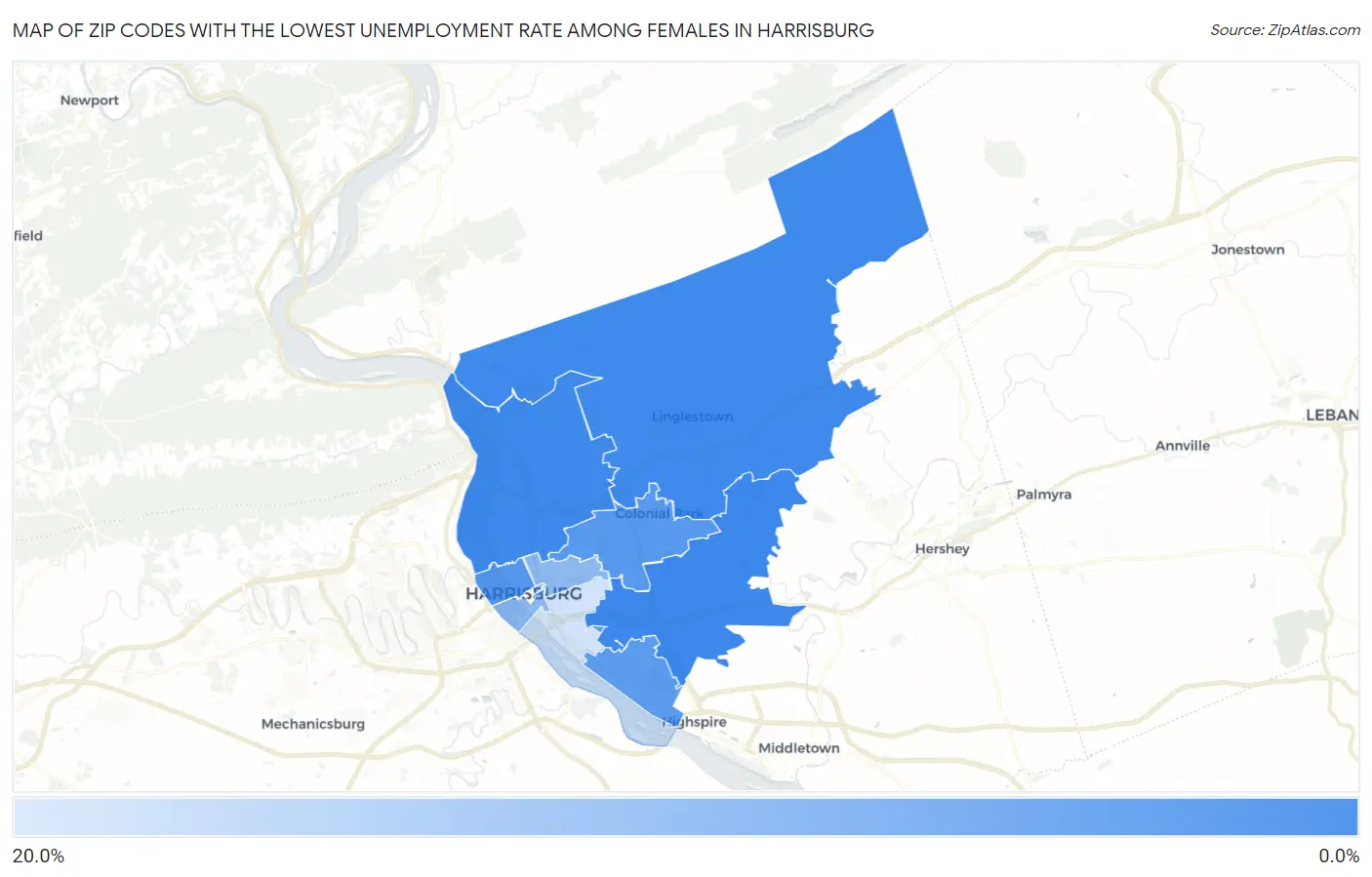 Zip Codes with the Lowest Unemployment Rate Among Females in Harrisburg Map