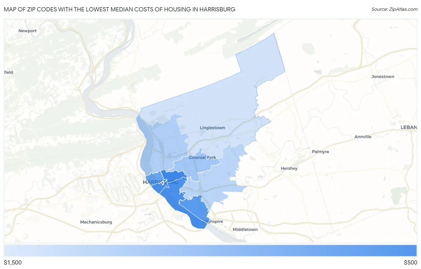 Zip Codes with the Lowest Median Costs of Housing in Harrisburg Map