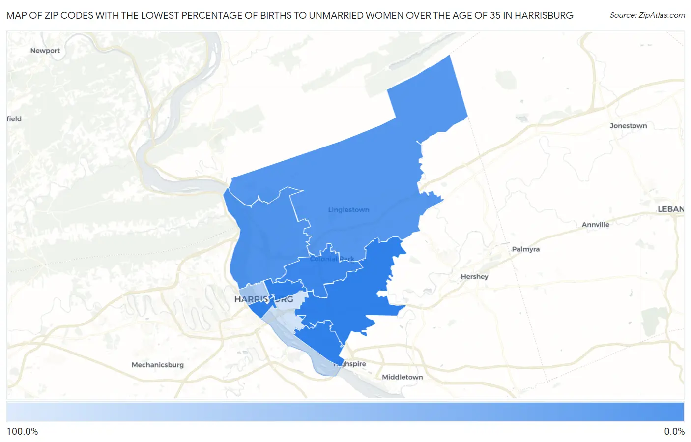 Zip Codes with the Lowest Percentage of Births to Unmarried Women over the Age of 35 in Harrisburg Map