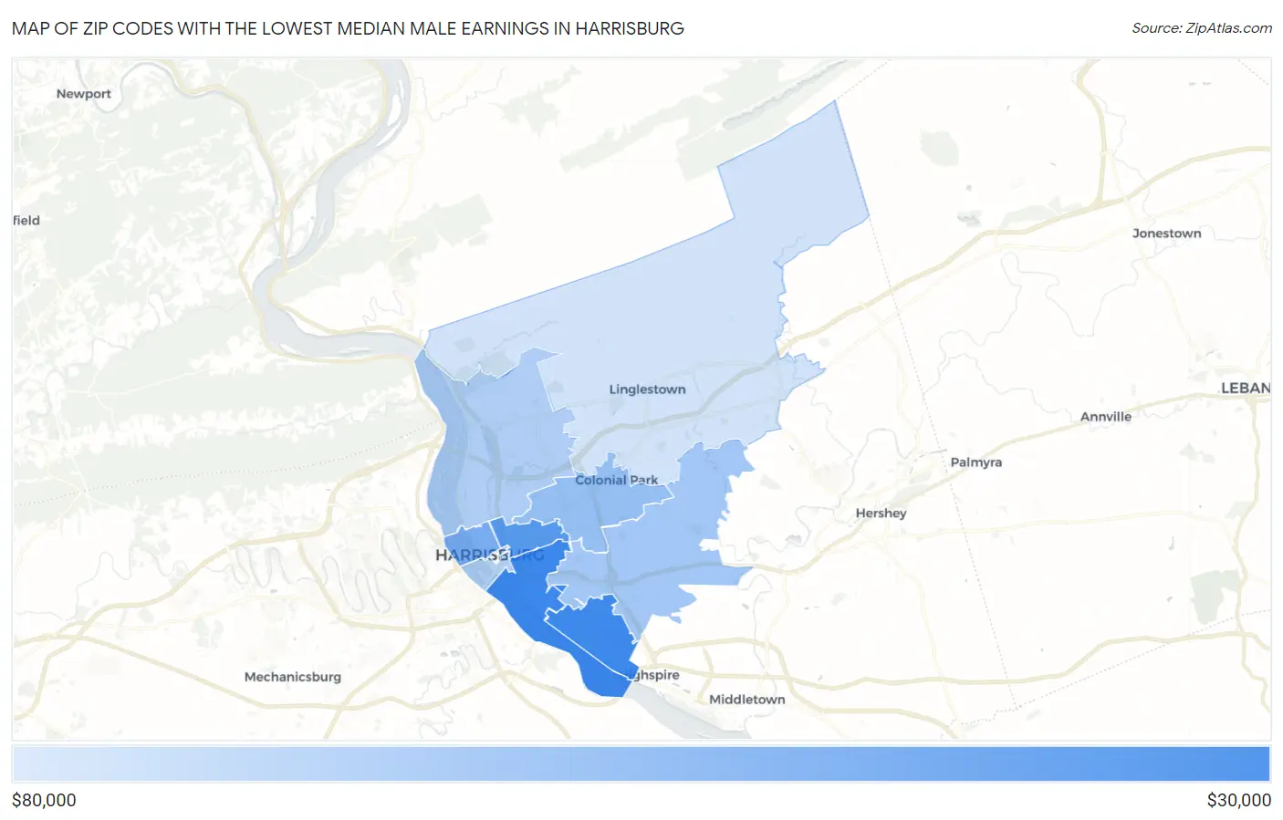 Zip Codes with the Lowest Median Male Earnings in Harrisburg Map
