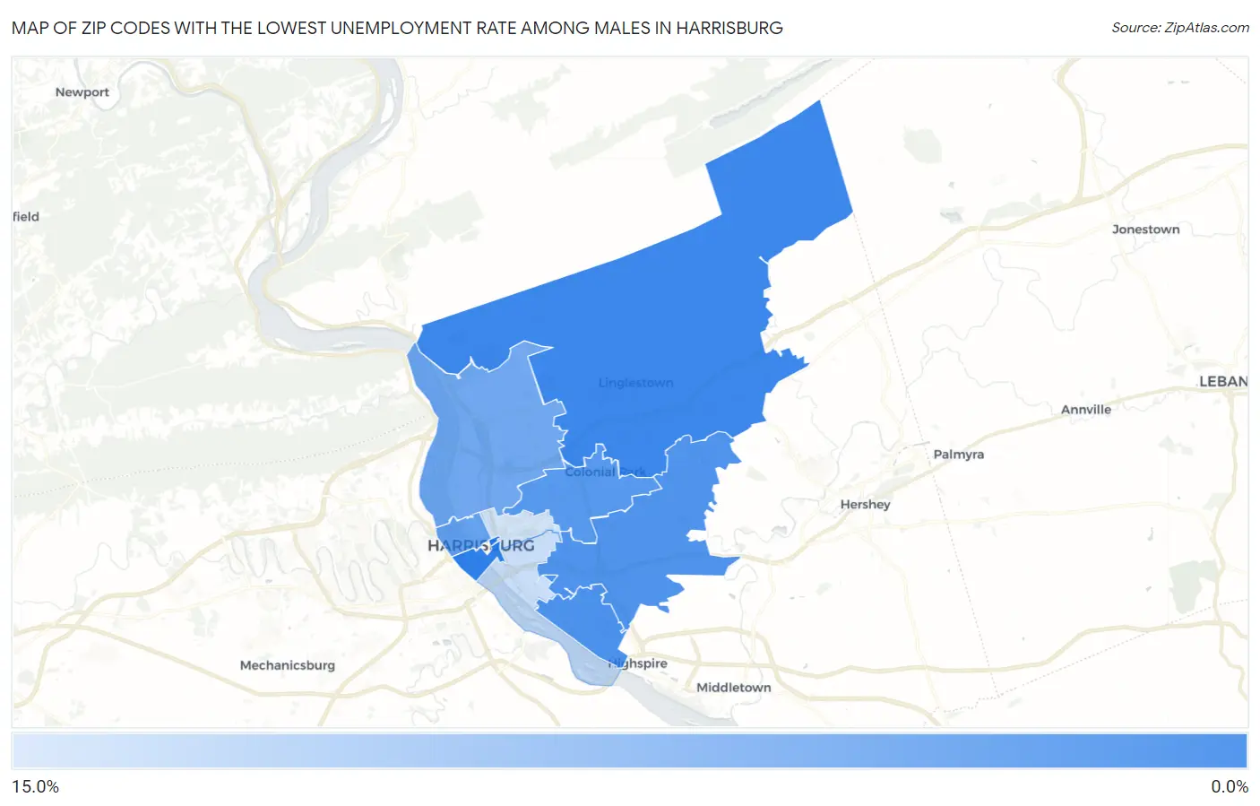 Zip Codes with the Lowest Unemployment Rate Among Males in Harrisburg Map