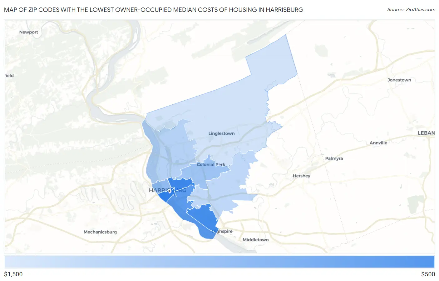 Zip Codes with the Lowest Owner-Occupied Median Costs of Housing in Harrisburg Map