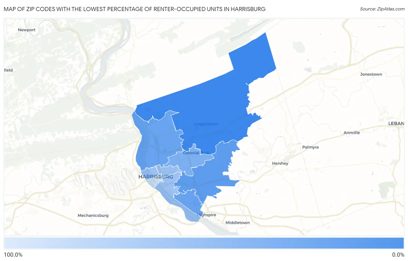 Zip Codes with the Lowest Percentage of Renter-Occupied Units in Harrisburg Map