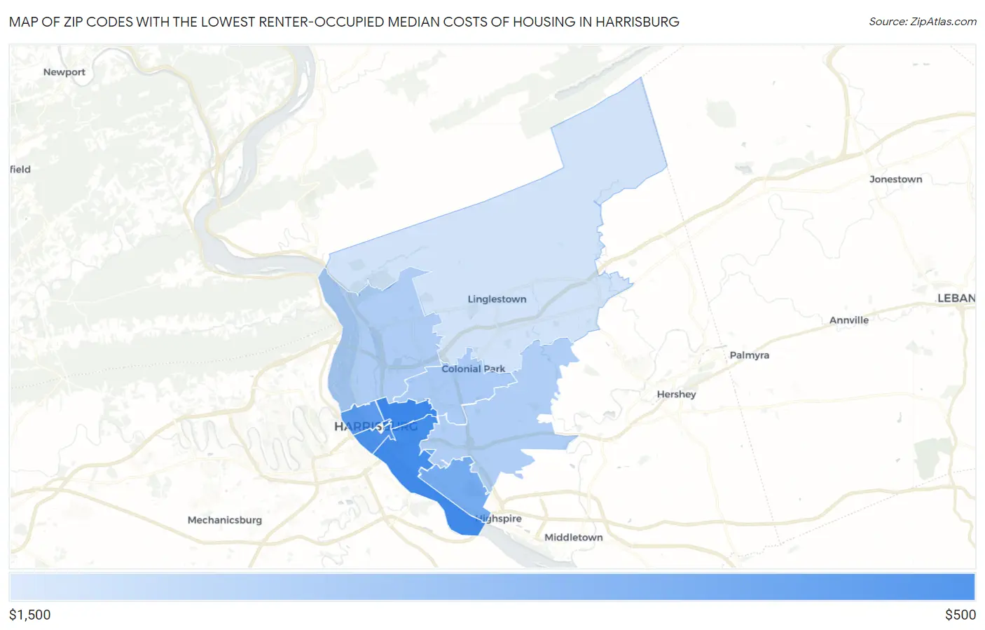 Zip Codes with the Lowest Renter-Occupied Median Costs of Housing in Harrisburg Map